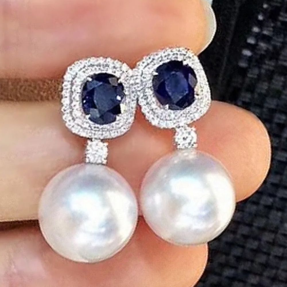 Classic Pearl Drop Earrings with Deep Blue Gem Accents